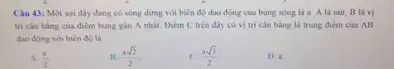 Câu 43: Một sợi dây đang có sóng dừng với biên độ dao động của bụng sóng là a . A là nút, B là vị
trí cân bằng của điểm bụng gân A nhất. Điểm C trên dây có vị trí cân bằng là trung điểm của AB
dao động với biên độ là
A. (a)/(2)
B. (asqrt (2))/(2)
C. (asqrt (3))/(2)
D. a.