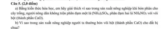 Câu 5. (2,0 điểm)
a) Bằng kiến thức hóa học, em hãy giải thích vì sao trong sản xuất nông nghiệp khi bón phân cho
cây trồng, người nông dân không trộn phân đạm một lá (NH_(4))_(2)SO_(4), phân đạm hai là NH_(4)NO_(3) với vôi
bột (thành phần CaO).
b) Vì sao trong sản xuất nông nghiệp người ta thường bón vôi bột (thành phần CaO) cho đất bị
chua?