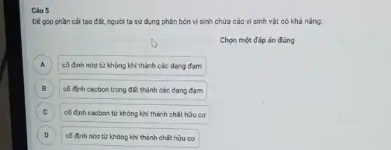 Câu 5
Đế góp phần cài tạo đất, người ta sử dụng phân bón vi sinh chứa các vi sinh vật có khả nǎng:
Chọn một đáp án đúng
A cố định nitơ từ không khí thành các dạng đạm A
B cố định cacbon trong đất thành các dạng đam B
C cố định cacbon từ không khí thành chất hữu cơ C
D ) cố định nitơ từ không khí thành chất hữu cơ