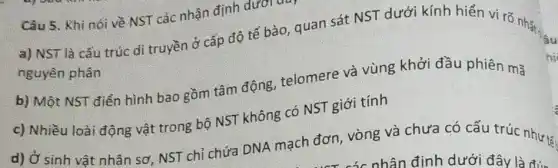 Câu 5. Khi nói về NST các nhận định dưới
a) NST là cấu trúc di truyền ở cấp độ tế bào , quan sát NST dưới kính hiển vi rõ nhất .
lâu nguyên phân
b) Một NST điển hình bao gồm tâm động, telomere và vùng khởi đầu phiên mã
c) Nhiều loài động vật trong bộ NST không có NST giới tính
d) Ở sinh vật nhân sơ, NST chỉ chứa DNA mạch đơn , vòng và chưa có cấu trúc như tz