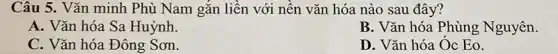 Câu 5. Vǎn minh Phù Nam gắn liền với nên vǎn hóa nào sau đây?
A. Vǎn hóa Sa Huỳnh.
B. Vǎn hóa Phùng Nguyên.
C. Vǎn hóa Đông Sơn.
D. Vǎn hóa Oc Eo