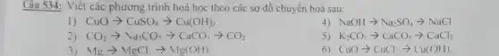 Câu 534: Viết các phương trình hoá học theo các sơ đồ chuyển hoá sau:
1) CuOarrow CuSO_(4)arrow Cu(OH)_(2)
4) NaOHarrow Na_(2)SO_(4)arrow NaCl
2) CO_(2)arrow Na_(2)CO_(3)arrow CaCO_(3)arrow CO_(2)
K_(2)CO_(3)arrow CaCO_(3)arrow CaCl_(2)
Mgarrow MgCl:arrow Mg(OH)
6) CuOarrow CuClarrow arrow uu(OH)