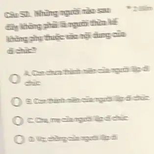 Câu 57. Những người nào SEL
đầy không ghải là nguồn thìn kế
không phụ thuộc vào nữ dung cita
di chic?
A. Conchura thành niên của người lập di
chic
B. Con thành nên của người lập dị chic
C.Cha meciangula lâu
D. Vin chùng của người find