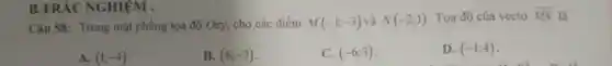 Câu 58: Trong mặt phẳng tọa độ Oxy, cho các điểm M(-1;-3) và N(-2;1) . Tọa độ của vecto overrightarrow (MN) là
A. (1;-4)
B. (6;-3)
C. (-6;3)
D. (-1;4)
B.TRÁC NGHIỆM .