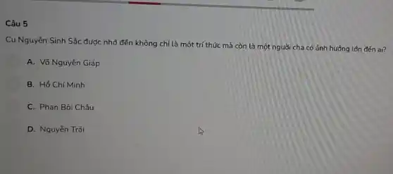 Câu 5
Cụ Nguyễn Sinh Sắc được nhớ đến không chỉ là một trí thức mà còn là một người cha có ảnh hưởng lớn đến ai?
A. Võ Nguyên Giáp
B. Hồ Chí Minh
C. Phan Bội Châu
D. Nguyễn Trãi