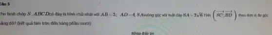 Câu 5
cho hình chóp S . ABC Dcó đáy là hình chữ nhật với
AB=3;AD=4;S Avuông góc với mặt đáy SA=2sqrt (6)cdot linh(overrightarrow (SC);overrightarrow (BD)) theo đơn vị đo góc
lắng độ?(kết quả làm tròn đến hàng phần mười)