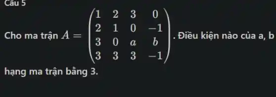 Câu 5
Cho ma trận A=(} 1&2&3&0 2&1&0&-1 3&0&a&b 3&3&3&-1 ) Điều kiện nào của a. b
hạng ma trận bằng 3.