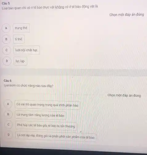 Câu 5
Loại bào quan chỉ có ở tế bào thực vật không có ở tế bào động vật là
A trung thể. A
B ti thể.
C C
lưới nội chất hạt.
D lục lạp. D
Câu 6
Lysosom có chức nǎng nào sau đây?
A Có vai trò quan trọng trong quá trình phân bào A
B Là trung tâm nǎng lượng của tế bào B
C Phá hủy các tế bào già, tế bào bị tổn thương C
D Là nơi lắp ráp đóng gói và phân phối sản phẩm của tế bào D
Chọn một đáp án đúng