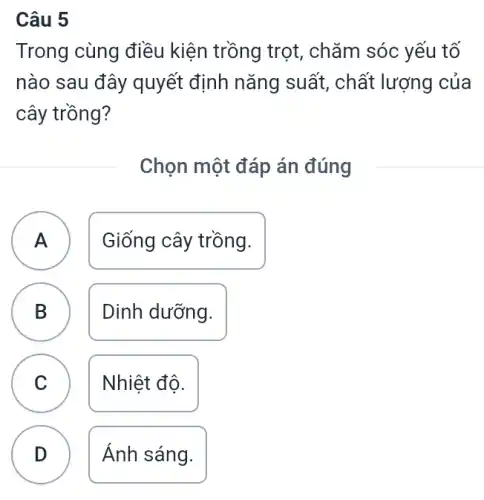 Câu 5
Trong cùng điều kiện trồng trọt , chǎm sóc yếu tố
nào sau đây quyết định nǎng suất , chất lượng của
cây trồng?
Chọn một đáp án đúng
A A
Giống cây trồng.
B
Dinh dưỡng.
C C
Nhiệt đô.
D )
Ánh sáng.