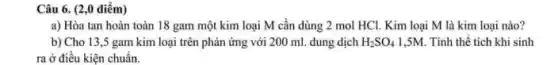 Câu 6. (2,0 điểm)
a) Hòa tan hoàn toàn 18 gam một kim loại M cần dùng 2 mol HCl Kim loại M là kim loại nào?
b) Cho 13,5 gam kim loại trên phản ứng với 200 ml.dung dịch H_(2)SO_(4) 1,5M. Tính thể tích khi sinh
ra ở điều kiện chuẩn.