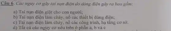 Câu 6. Các nguy cơ gây tai nạn điện do dòng điện gây ra bao gồm:
a) Tai nạn điện giật cho con người;
b) Tai nạn điện làm cháy, nổ các thiết bị dùng điện;
c) Tai nạn điện làm cháy, nô các công trình, hạ tâng cơ sở.
d) Tất cả các nguy cơ nêu trên ở phân a, b và c