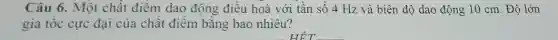 Câu 6. Một chất điêm dao động điều hoà với tần sô 4 Hz và biên độ dao động 10 cm. Độ lớn
gia tốc cực đại của chất điêm bǎng bao nhiêu?
