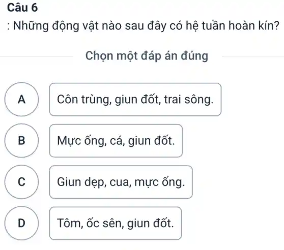 Câu 6
: Những động vật nào sau đây có hê tuần hoàn kín?
Chọn một đáp án đúng
A Côn trùng, giun đốt, trai sông. A
B Mực ống, cá , giun đốt.
C Giun dẹp, cua , mực ống.
D Tôm, ốc sên , giun đốt.
.