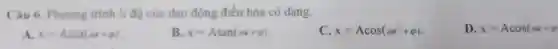 Câu 6 . Phương trình li độ của dao động điều hòa có dạng.
A x=Acot(ax+varphi )
B. x=Atan(omega x+varphi )
C. x=Acos(omega t^2+varphi )
D. x=Acos(omega t+varphi