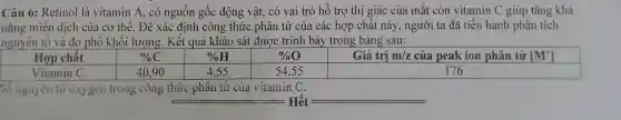 Câu 6: Retinol là vitamin A, có nguồn gốc động vật , có vai trò hồ trợ thị giác của mắt còn vitamin C giúp tǎng khả
nǎng miền dịch của cơ thể. Để xác định công thức phân tử của các hợp chất này, người ta đã tiến hành phân tích
nguyên tố và đo phô khối lượng . Kết quả khảo sát được trình bày trong bảng sau:
Hợp chất	% C	% H	% O	Giá trị m/z
square 
Số nguyên tử oxygen trong công thức phân tử của vitamin C.
= Hết =
__