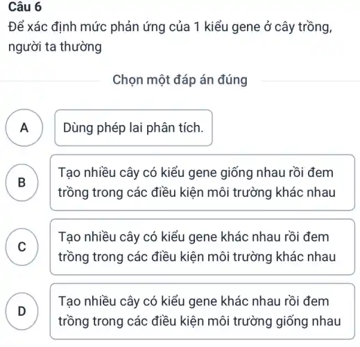 Câu 6
Để xác định mức phản ứng của 1 kiểu gene ở cây trồng,
người ta thường
Chọn một đáp án đúng
A Dùng phép lai phân tích. A
B
trồng trong các điều kiện môi trường khác nhau
Tạo nhiều cây có kiểu gene giống nhau rồi đem
B
C
trồng trong các điều kiện môi trường khác nhau
Tạo nhiều cây có kiểu gene khác nhau rồi đem
v
D )
Tạo nhiều cây có kiểu gene khác nhau rồi đem
trồng trong các điều kiện môi trường giống nhau