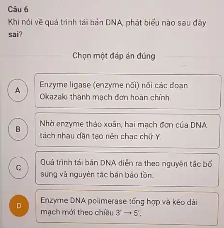 Câu 6
Khi nói về quá trình tái bản DNA phát biểu nào sau đây
sai?
Chọn một đáp án đúng
A )
Okazaki thành mạch đơn hoàn chỉnh.
Enzyme ligase (enzyme nối)nối các đoạn
B )
tách nhau dần tạo nên chạc chữ Y.
Nhờ enzyme tháo xoǎn hai mạch đơn của DNA
C
Quá trình tái bản DNA diền ra theo nguyên tắc bố
C
sung và nguyên tắc bán bảo tồn.
Enzyme DNA polimerase tổng hợp và kéo dài