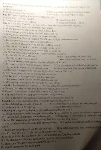Câu 74: Việc xây dựng cộng đồng ASEAN về chính tri-an ninh dựa trên những nguyên tắc cơ bản.
ngoại trừ:
A. Đồng thuận tuyệt đôi.
B. Không can thiệp vào công việc nội bộ của nhau.
C. Không sử dụng vũ lực với nhau.
Câu 75: Tru cột của Cộng đồng ASEAN không bao gồm
D. Không de doa sir dụng vũ lực với nhau.
A. Cộng đồng Chinh trị -An ninh.
B. Cộng đồng Kinh tế.
C. Cộng đồng quân sự - quốc phòng.
D. Cộng đồng Vǎn hoá - Xã hội.
Câu 76: Cộng đồng Chính trị - An ninh ASEAN được xây dựng dựa trên nền tảng nào?
A. Sự phát triển các giá trị vǎn hoá truyền thống lâu đời.
B. Những thành quả hợp tác chính trị - kinh tế đã đạt đượC.
C. Tôn trọng những nguyên tắc cơ bản cùa luật pháp quốc tế.
D. Những thành quả hợp tác chính trị - an ninh đã đạt đượC.
Câu 77: Cộng đồng Chính trị - An ninh ASEAN được xây dựng nhằm mục tiêu nào?
A. Tạo dựng môi trường hoà bình và an ninh ở khu vựC.
B. Tạo ra một khối phòng thù chung của khu vực Đông Nam Á.
C. Thúc đầy sự cảnh tranh về chính trị - an ninh với bên ngoài.
D. Hướng tới sự thịnh vượng chung của các quốc gia thành viên.
Câu 78: Một trong những mục tiêu của Cộng đồng kinh tế ASEAN là
A. Thu hút vốn đầu tư vào khu vựC.
B. Tạo ra môi trường kinh tế hòa bình.
C. Thúc đầy sự cạnh tranh về kinh tế.
D. Đưa ASEAN trở thành trung tâm kinh tế.
Câu 79: Đâu không phải là mục tiêu của Cộng đồng kinh tế ASEAN?
A. Xây dựng khu vực kinh tế có sức cạnh tranh cao.
C. Tạo ra một thị trường và cơ sở sản xuất chung.
B. Thúc đẩy hòa bình ổn định và hợp tác khu vựC.
D. Bảo vệ người tiêu dùng, bảo vệ sở hữu trí tuệ.
Câu 80: Định hướng phát triển của Cộng đồng ASEAN sau nǎm 2015 là gì?
A. Tiếp tục cùng cố làm sâu sắc hơn các lĩnh vực hợp táC.
B. Nỗ lực nhiều hơn trong công tác xóa đói, giảm nghèo.
C. Tǎng cường thu hút vốn đầu tư nước ngoài vào khu vựC.
D. Mờ rộng hợp tác trong các lĩnh vực quân sự - quốc phòng.
Câu 81: Tầm nhìn ASEAN sau nǎm 2025 bổ sung những nội dung hợp tác mới nào?
A. Hợp tác phát triển cơ sở hạ tầng.thương mại điện từ , chuyển đổi số.
B. Hợp tác về chuyển đổi số, phát triển nền kinh tế số, kinh tế xanh.. __
C. Đầy mạnh hợp tác bảo vệ quyền của nhóm đối tượng yếu thế.
D. Bảo vệ phụ nữ , trẻ em, người già,người khuyết tật, người lao động di cư.
Câu 82: Một trong những thách thức về chính trị của Cộng đồng ASEAN là
A. Sự chênh lệch về thu nhập và trình độ.
B. Sự tương đồng trong sản xuất một số ngành nghề.
C. Sự đa dạng về chế độ chính trị.
D. Sự khác biệt về bản sắc vǎn hóa.
Câu 83: Một trong những thách thức về kinh tế của Cộng đồng ASEAN là
A. Tồn tại một số mâu thuẫn trong quan hệ song phương. B. Tình hình chính trị ở một số nước còn phức t
C. Sự chênh lệch về thu nhập và trình độ phát triển.
D. Sự đa dạng về chế độ chính trị và bán sắc vǎn l
Câu 84: Đâu không phải là một trong những thách thức của Cộng đồng ASEAN?
A. Tồn tại một số mâu thuẫn trong quan hệ song phương. B. Vấp phải sự cạnh tranh quyết liệt từ Đông
Bǎc A.
C. Tinh hình chính trị ở một số nước còn phức tạp.
D. Sự chênh lệch về thu nhập và trình độ phát tr
Câu 85: Ngày 20-12-2015 gắn liền với sự kiện nào dưới đây?
A. Tuyên bố Cula Lǎm pua được kí kết,chính thức thành lập Cộng đồng ASEAN
B. Hiến chương ASEAN được kí kết, nhằm xây dựng Cộng đồng ASEAN.
C. Thông qua Tầm nhìn Cộng đồng ASEAN nǎm 2015
D. Vấn đề Campuchia được giải quyết.