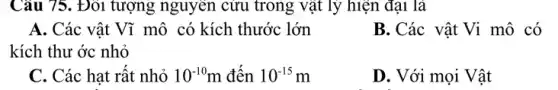 Câu 75. Đối tượng nguyên cửu trong vật lý hiện đại là
A. Các vật Vĩ mô có kích thước lớn
kích thư ớc nhỏ
B. Các vật Vi mô có
C. Các hạt rất nhỏ 10^-10m đến 10^-15m
D. Với mọi Vật