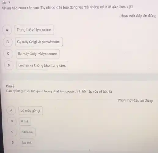 Câu 7
Nhóm bào quan nào sau đây chỉ có ở tế bào động vật mà không có ở tế bào thực vật?
Chọn một đáp án đúng
A
Trung thế và lysosome.
B Bộ máy Golgi và peroxisome. B
C Bộ máy Golgi và lysosome. C
D Lục lạp và không bảo trung tâm. D
Câu 8
Bào quan giữ vai trò quan trọng nhất trong quá trình hô hấp của tế bào là
A
bộ máy gôngi.
B ti thế.
C C
ribôxôm.
D
lạp thế.
Chọn một đáp án đúng