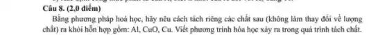 Câu 8. (2,0 điểm)
Bằng phương pháp hoá học, hãy nêu cách tách riêng các chất sau (không làm thay đổi về lượng
chất) ra khỏi hỗn hợp gồm: Al, CuO , Cu. Viết phương trình hóa học xảy ra trong quá trình tách chất.