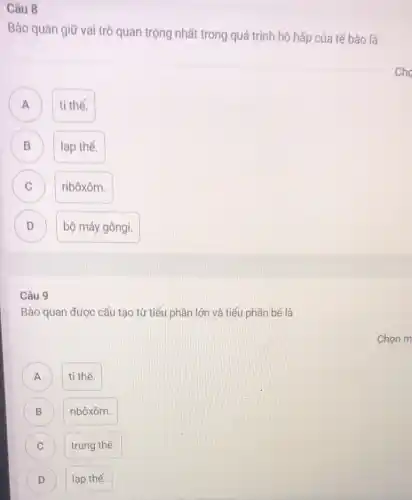 Câu 8
Bào quan giữ vai trò quan trọng nhất trong quá trình hô hấp của tế bào là
A ti thể. A
B
B
lạp thể.
C C
ribôxôm.
D D
bộ máy gôngi.
Câu 9
Bào quan được cấu tạo từ tiểu phần lớn và tiểu phần bé là
A A
ti thể.
B
ribôxôm.
C C
trung thể.
D )
lạp thế.
Chọn m