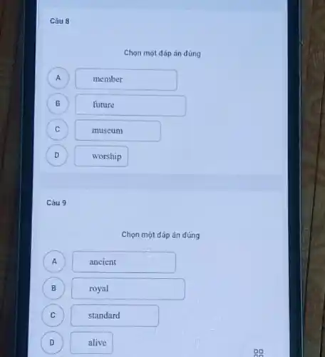 Câu 8
Chọn một đáp án đúng
A
member
B B
future
C C
museum
D )
worship
Câu 9
Chọn một đáp án đúng
A )
ancient
B B
royal
C C
standard
D
alive