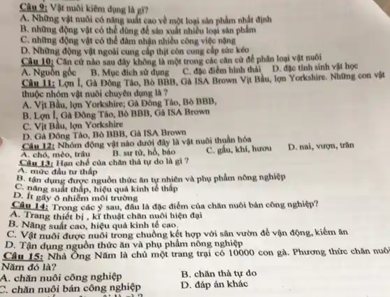 Câu 9: Vật nuôi kiêm dụng là gì?
A. Những vật nuôi có nǎng suất cao về một loại sản phẩm nhất định
B. những động vật có thể dùng để sản xuất nhiều loại sản phẩm
C. những động vật có thể đảm nhận nhiều công việc nặng
D. Những động vật ngoài cung cấp thịt còn cung cấp sức kéo
Câu 10: Cǎn cứ nào sau đây không là một trong các cǎn cứ để phân loại vật nuôi
A. Nguồn gốc
B. Muc đich sử dụng
C. đặc điểm hình thái D. đặc tính sinh vật học
Câu 11: Lon 1 . Gà Đông Tào, Bò BBB, Gà ISA Brown Vịt Bầu, lợn Yorkshire . Những con vật
thuộc nhóm vật nuôi chuyên dụng là?
A. Vịt Bầu, lợn Yorkshire; Gà Đông Tào, Bò BBB,
B. Lơn 1, Gà Đông Tào, Bò BBB , Gà ISA Brown
C. Vịt Bầu, lợn Yorkshire
D. Gà Đông Tào . Bò BBB, Gà ISA Brown
Câu 12: Nhóm động vật nào dưới đây là vật nuôi thuần hóa
D. nai, vượn, trǎn
A. chó, mèo, trâu
B. sur từ, hồ . báo
C. gấu, khí, hươu
Câu 13: Hạn chế của chǎn thả tự do là gì?
A. mức đầu tư thấp
B. tận dụng được nguồn thức ǎn tự nhiên và phụ phẩm nông nghiệp
C. nǎng suất thấp , hiệu quả kinh tế thấp
D. It gây ô nhiềm môi trường
Câu 14:Trong các ý sau,đâu là đặc điểm của chǎn nuôi bán công nghiệp?
A. Trang thiết bị , kĩ thuật chãn nuôi hiện đại
B. Nǎng suất cao , hiệu quả kinh tế cao.
C. Vật nuôi được nuôi trong chuồng kết hợp với sân vườn để vận động kiếm ǎn
D. Tân dụng nguồn thức ǎn và phụ phẩm nông nghiệp
Câu 15: Nhà Ông Nǎm là chủ một trang trại có 10000 con gà . Phương thức chǎn nuô
Nǎm đó là?
A. chǎn nuôi công nghiệp
B. chǎn thả tự do
C. chǎn nuôi bán công nghiệp
D. đáp án khác