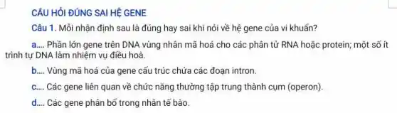 CÂU HỎI ĐÚNG SAI HỆ GENE
Câu 1. Mỗi nhận định sau là đúng hay sai khi nói về hệ gene của vi khuẩn?
a.... Phần lớn gene trên DNA vùng nhân mã hoá cho các phân tử RNA hoặc protein;một số ít
trình tự DNA làm nhiệm vụ điều hoà.
b.... Vùng mã hoá của gene cấu trúc chứa các đoạn intron.
C.... Các gene liên quan về chức nǎng thường tập trung thành cụm (operon).
d.... Các gene phân bố trong nhân tế bào