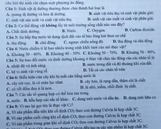 câu hỏi thí sinh chỉ chọn một phương án đúng.
Câu 1: Sinh vật dị dưỡng thường được chia thành hai loại là
A. quang dị dưỡng và hóa dị dưỡng.
B. sinh vật tiêu thụ và sinh vật phân giải.
C. sinh vật sản xuất và sinh vật tiêu thụ.
D. sinh vật sản xuất và sinh vật phân giải.
Câu 2: Cơ thể động vật không lấy từ môi trường sống chất nào sau đây?
A. Chất dinh dưỡng.
B. Nước
C. Oxygen.
D. Carbon dioxide.
Câu 3: Sự hấp thụ nước từ dung dịch đất vào tê bào lông hút theo cơ chê
A. thụ động.
B. chủ động.
C. ngược chiều nồng độ.
D. thụ động và chủ động.
Câu 4: Nước chiếm tỉ lệ bao nhiêu trong sinh khối tươi của mô thực vật?
A. Khoảng 30-40% 
B. Khoảng 40-50% 
C. Khoảng 50-70% 
D. Khoảng 70-90% .
Câu 5: Sự trao đổi nước và dinh dưỡng khoảng ở thực vật chịu tác động của các nhân tố là
A. nhiệt độ và ánh sáng.
B. nước trong đât và độ thoáng khí của đất.
C. hệ vi sinh vật vùng rê.
D. Tất cả các nhân tô trên
Câu 6: Biểu hiện của cây khi bị mất cân bằng nước là
B. cây héo, lá rụng dần, thậm chí là chết
A. cây còi cọc , lá có màu lục nhạt.
D. lá nhỏ, mềm , chồi đỉnh bị chết.
C. có vết đôm đen ở lá non.
Câu 7: Các sắc tố quang hợp có thế hòa tan trong
A. nướC. B. hỗn hợp các sắc tô kháC. C. dung môi nước và dầu ǎn.
D. dung môi hữu cơ.
Câu 8: Vì sao lại gọi tên là thực vật C_(3)
A. Vì sản phâm đầu tiên khi cô định CO_(2) theo con đường Calvin là hợp chất 3C.
B. Vì sản phẩm cuối cùng khi cố định CO_(2) theo con đường Calvin là hợp chất 3C.
C. Vì sản phẩm trung gian khi cô định CO_(2) theo con đường Calvin là hợp chất 3C.
C. Vì sản ph Kah CO, theo con đường Calvin đều tạo ra các sản phẩm là hợp chất 3C.