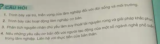 CÂU HÒI
1. Trình bày vai trò, triển vọng của lâm nghiệp đối với đời sống và môi trường.
2. Trình bày các hoạt động lâm nghiệp cơ bản.
3. Phân tích nguyên nhân chủ yếu làm suy thoái tài nguyên rừng và giải pháp khắc phục.
4. Nêu những yêu cầu cơ bản đối với người lao động của một số ngành nghề phổ biến
trong lâm nghiệp. Liên hệ với thực tiễn của bản thân.