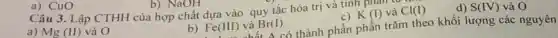 a) CuO
3. Lập CTHH của hợp chất dựa vào quy tắc hóa trị và tính p
d)
a) Mg (II) và o
b) Fe(III) và Br(I)
C) K(I) và Cl(I)
S(IV) và O
có thành phân phần trǎm theo khối lượng các nguyên
b) NaOH