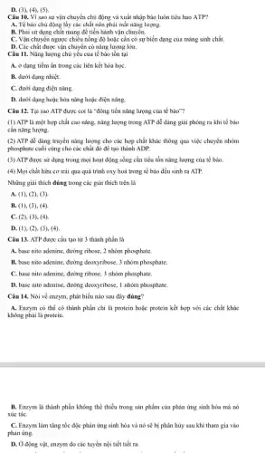 D. (3), (4), (5).
Câu 10. Vì sao sự vận chuyển chủ động và xuất nhập bào luôn tiêu hao ATP?
A. Tế bào chủ động lấy các chất nên phải mất nǎng lượng.
B. Phải sử dụng chất mang để tiến hành vận chuyển.
C. Vận chuyển ngược chiều nồng độ hoặc cần có sự biến dạng của màng sinh chất.
D. Các chất được vận chuyển có nǎng lượng lớn.
Câu 11. Nǎng lượng chủ yếu của tế bào tồn tại
A. ở dạng tiềm ẩn trong các liên kết hóa họC.
B. dưới dạng nhiệt.
C. dưới dạng điện nǎng.
D. dưới dạng hoặc hóa nǎng hoặc điện nǎng.
Câu 12. Tại sao ATP được coi là "đồng tiền nǎng lượng của tế bào"?
(1) ATP là một hợp chất cao nǎng nǎng lượng trong ATP dễ dàng giải phóng ra khi tế bào
cần nǎng lượng.
(2) ATP dễ dàng truyền nǎng lượng cho các hợp chất khác thông qua việc chuyển nhóm
phosphate cuối cùng cho các chất đó để tạo thành ADP.
(3) ATP được sử dụng trong mọi hoạt động sống cần tiêu tốn nǎng lượng của tế bào.
(4) Mọi chất hữu cơ trải qua quá trình oxy hoá trong tế bào đều sinh ra ATP.
Những giải thích đúng trong các giải thích trên là
A. (1), (2), (3).
B. (1), (3), (4).
C. (2), (3), (4)
D. (1), (2), (3)(4)
Câu 13. ATP được cấu tạo từ 3 thành phần là
A. base nito adenine , đường ribose, 2 nhóm phosphate.
B. base nito adenine , đường deoxyribose, 3 nhóm phosphate.
C. base nito adenine , đường ribose, 3 nhóm phosphate
D. base nito adenine , đường deoxyribose, 1 nhóm phosphate.
Câu 14. Nói về enzym, phát biểu nào sau đây đúng?
A. Enzym có thể có thành phần chỉ là protein hoặc protein kết hợp với các chất khác
không phải là protein.
B. Enzym là thành phần không thể thiếu trong sản phẩm của phản ứng sinh hóa mà nó
xúc táC.
C. Enzym làm tǎng tốc độc phản ứng sinh hóa và nó sẽ bị phân hủy sau khi tham gia vào
phản ứng.
D. Ở động vật,enzym do các tuyến nội tiết tiết ra.