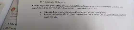 D. 4 kiểu hình,9 kiểu gene.
Câu 5:Một đoạn gene có tổng số nucleotide là 200 nu . Đoạn mạch thứ nhất có trình tự số nucleotide như
sau: A-G -C-T-G-G -T-T-A-C -G-T.-A-A-C-C.......-G-G-T-A -C-C-A-A -T-
a.Hãy xác định trình tự các nucleotide trên mạch bổ sung của mạch đó.
b.Tính số nucleotide mỗi loại.. Biết số nucleotide loại A chiếm 20%  tổng số nucleotide của đoạn
mạch nói trên.