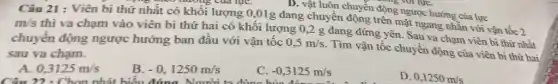 D. vật luôn chuyển động ngược hướng của lực
ng với lựC.
Câu 21 : Viên bi thứ nhất có khối lượng 0,01g đang chuyển động trên mặt ngang nhẵn với vận tốc 2
ô nương của lựC.
m/s
thì va chạm vào viên bi thứ hai có khối lượng 0 ,2 g đang đứng yên Sau va chạm viên bi thứ nhất
chuyển động ngược hướng ban đầu với vận tốc 0,5m/s
Tìm vận tốc chuyển động của viên bi thứ hai sau va chạm.
0,3125m/s
Câu 22 : Chọn nhất biểu đúng Ngườ
B -0,1250m/s
C. -0,3125m/s
D. 0,1250m/s