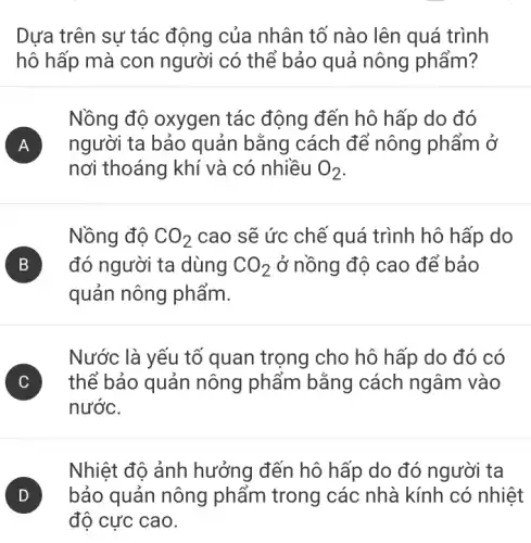 Dựa trên sự tác động của nhân tố nào lên quá trình
hô hấp mà con người có thể bảo quả nông phẩm?
Nồng độ oxygen tác động đến hô hấp do đó
A ) người ta bảo quản bằng cách để nông phẩm ở
nơi thoáng khí và có nhiều O_(2)
Nồng độ CO_(2) cao sẽ ức chế quá trình hô hấp do
B đó người ta dùng CO_(2) ở nồng độ cao để bảo B
quản nông phẩm.
Nước là yếu tố quan trọng cho hô hấp do đó có
thể bảo quản nông phẩm bằng cách ngâm vào
nước.
Nhiệt độ ảnh hưởng đến hô hấp do đó người ta