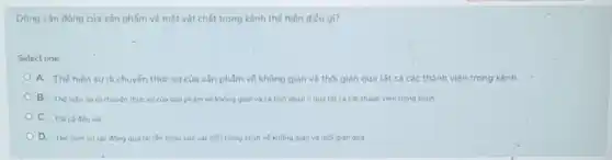 Dòng vận động của sản phẩm về mặt vật chất trong kênh thế hiện điều gì?
Select one:
A. Thế hiên sự di chuyển thực sự của sản phẩm về không gian và thời gian qua tất cả các thành viên trong kênh.
B. The hiên su di chuyến thực sự của sản phẩm về không gian và cá tinh pháp li qua tất cả các thành viên trong kênh
C. Tất cà đều sai
D. Théhiên sự tác động qua lại lần nhau của các bên trong kênh về không gian và thời glan qua