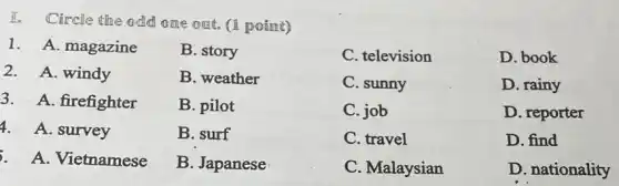 E.
Circle the add one out. (1 point)
1. A. magazine
B. story
C. television
2. A. windy
B. weather
C. sunny
3. A. firefighter
B. pilot
C. job
4. A. survey
B. surf
C. travel
A. Vietnamese
B. Japanese
C. Malaysian
D. book
D. rainy
D. reporter
D. find
D. nationality