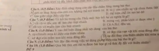 go trong
ninh v về
Câu 6. (0.5 điểm) Xác định công dung cila các đầu chắm lưng trong his the
A) goi sy lang dong của clim xickhing thể nói thành lời life
C. làm giân nhịp dieu clu tho
D. the hien cho lời nói to do
Câu 7. (0,5 điếm ) Từ hối hó trong cân Thấy mấy hợp hỏi hó có nghĩa là gì?
A. vát và vi dóc sức để làm cho thift nhanh
11. ming vui, phin khoi vi được như ý
C. rat voiva muốn làm cho thật nhanh
D. CiA.C đều sai.
Câu 8. (1,0 điểm) Y nào thể hiện đúng nhất nội dung của bài thơ
A. sự chuyen mia ki dieu cula thien nhiên
vạn vật khi mile động đến
C. ve dep của mầm non khi mla đồng đến
D) su doi thay của thiêm nhiên khi mùa x
Câu 9. (1,0 điểm) Nét đặc đào trong việc sử dụng tho lis gi?
Câu 10. (1,0 điểm) Qua hải tha has hoe give thái độ đối với
DE9