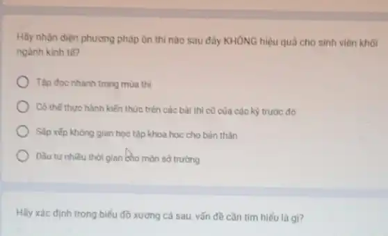 Hãy nhận diện phương pháp ôn thì nào sau đây KHÔNG hiệu quả cho sinh viên khối
ngành kinh tế?
Tập đọc nhanh trong mùa thi
Có thể thực hành kiến thức trên các bài thì cũ của các kỳ trước đó
Sắp xếp không gian học tập khoa học cho bản thân
Đầu tư nhiều thời gian cho môn sở trường
Hãy xác định trong biểu đồ xương cá sau, vấn đề cần tìm hiểu là gì?