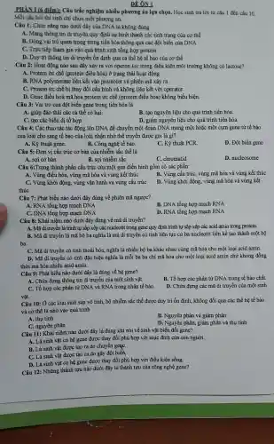 ĐỀ
điểm): Câu trắc nghiệm nhiều phương án lựa chọn. Học sinh trả lời từ câu 1 đến câu 10.
Mỗi câu hỏi thí sinh chỉ chọn một phương án.
Câu 1: Chức nǎng nào dưới đây của DNA là không đúng
A. Mang thông tin di truyền quy định sự hình thành các tính trạng của cơ thể
B. Đóng vai trò quan trọng trong tiến hóa thông qua các đột biến của DNA
C. Trực tiếp tham gia vào quá trình sinh tổng hợp protein
D. Duy trì thông tin di truyền ổn định qua cá thế hệ tế bào của cơ thể
Câu 2: Hoạt động nào sau đây xảy ra với operon lac trong điều kiện môi trường không có lactose?
A. Protein ức chế (protein điều hòa) ở trạng thái hoạt động.
B. RNA polymerase liên kết vào promoter và phiên mã xảy ra.
C. Protein ức chế bị thay đổi cấu hình và không liên kết với operator.
D. Gene điều hoà mã hoá protein ức chế (protein điều hòa) không biểu hiện.
Câu 3: Vai trò của đột biến gene trong tiến hóa là
A. giúp đào thải các cá thể có hại.
B. tạo nguyên liệu cho quá trình tiến hóa.
C. tạo các biến dị tổ hợp.
D. giảm nguyên liệu cho quá trình tiến hóa.
Câu 4: Các thao tác tác động lên DNA để chuyển một đoạn DNA mang một hoặc một cụm gene từ tế bào
của loài cho sang tế bào của loài nhận nhờ thể truyền được gọi là gì?
A. Kỹ thuật gene.
B. Công nghệ tế bào.
C. Kỹ thuật PCR.
D. Đột biển gene
Câu 5: Đơn vị cấu trúc cơ bản của nhiễm sắc thể là
A. sợi cơ bản
B. sợi nhiễm sắc
C. chromatid
D. nucleosome
Câu 6:Trong thành phần cấu trúc của một gen điển hình gồm có các phần:
A. Vùng điều hòa,, vùng mã hóa và vùng kết thúc
B. Vùng cấu trúc, vùng mã hóa và vùng kết thúc
C. Vùng khởi động, vùng vận hành và vùng cấu trúc
thúc
D. Vùng khởi động,vùng mã hóa và vùng kết
Câu 7: Phát biểu nào dưới đây đúng về phiên mã ngược?
A. RNA tổng hợp mạch DNA
B. DNA tổng hợp mạch RNA
C. DNA tổng hợp mạch DNA
Câu 8: Khái niệm nào dưới đây đúng về mã di truyền?
D. RNA tồng hợp mạch RNA
A. Mã di truyền là trình tự sắp xếp các nucleotit trong gene quy định trình tự sắp xếp các acid amin trong protein.
B. Mã di truyền là mã bộ ba nghĩa là mà di truyền có tính liên tục cứ ba nucleotit liền kề tạo thành một bộ
ba.
C. Mã di truyền có tính thoái hóa, nghĩa là nhiều bộ ba khác nhau cùng mã hóa cho một loại acid amin.
D. Mã di truyền có tính đặc hiệu nghĩa là mỗi ba ba chỉ mã hóa cho một loại acid amin chứ khong đồng
thời mà hóa nhiều acid amin.
"Câu 9: Phát biểu nào dưới đây là đúng về hệ gene?
B. Tổ hợp các phân tử DNA trong tế bào chất.
A. Chứa đựng thông tin di truyền của một sinh vật.
C. Tổ hợp các phân tử DNA và RNA trong nhân tế bào.
vật.
D. Chứa đựng các mã di truyền của một sinh
Câu 10: Ở các loài sinh sản vô tính, bộ nhiễm sắc thể được duy trì ổn định, không đổi qua các thể hệ tế bào
và cơ thể là nhờ vào quá trình
A. thụ tinh
B. Nguyên phân và giảm phân
C. nguyên phân
D. Nguyên phân, giảm phân và thụ tinh
Câu 11: Khái niệm nào dưới đây là đúng khi nói về sinh vật biến đổi gene?
A. Là sinh vật có hệ gene được thay đổi phù hợp với mục đích của con người.
B. Là sinh vật được tạo ra do chuyển gene.
C. Là sinh vật được tạo ra do gây đột biến
D. Là sinh vật có hệ gene được thay đổi phù hợp với điều kiện sống.
Câu 12: Những thành tựu nào dưới đây là thành tựu của công nghệ gene?