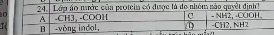 io
D
24. Lớp áo nước của protein có được là do nhóm nào quyết định?
A
-CH3,-COOH
C
-NH2,-COOH
B
-vòng indol,
1
-CH2,NH2