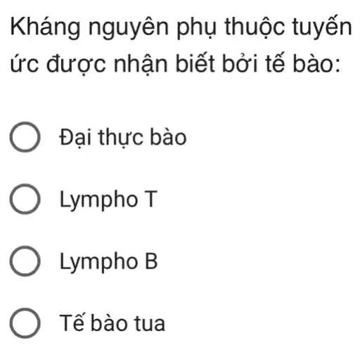 Kháng nguyên phụ thuộc tuyến
ức được nh ân biết bởi tế bào:
Đại thực bào
Lympho T
Lympho B