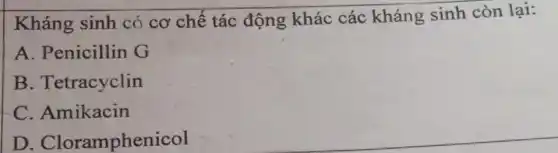 Kháng sinh có cơ chế tác động khác các kháng sinh còn lại:
A. Penicillin G
B. Tetracyclin
C. Amikacin
D . Cloramphenicol