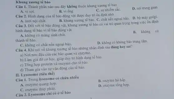 Khung xương tế bào
Câu 1. Thành phần nào sau đây không thuộc khung xương tế bào
D. sợi trung gian
B. vi ông
C. sợ nhiễm sắC.
Câu 2. Hình dạng của tế bào động vật được duy trì ổn định nhờ
A. lưới nội chât.
B. khung xương tê bào. C. chất nền ngoại bào. D. bộ máy golgi.
Câu 3. Đối với tế bào động vật.khung xương tế bào có vai trò quan trọng trong việc ổn định
hình dạng tế bào vì tế bào động vật
B.không có
A. không có màng sinh chât.
thành tế bào.
D. không có không bào trung tâm.
C. không có chât nền ngoại bào.
Câu 4. Khi nói về khung xương tế bào những nhận định sau đúng hay sai?
a) Nơi neo đậu của các bào quan và enzyme.
b) Làm giá đỡ cơ học, giúp duy trì hình dạng tế bào.
c) Tổng hợp protein và enzyme cho tế bào.
d) Tham gia vào sự vận động của tế bào.
II. Lysosome (tiêu thê)
Câu 1. Trong lysosome có chứa nhiêu
B. enzyme hô hấp.
A. enzyme quang hợp.
C. enzyme thủy phân.
D. enzyme tổng hợp.
Câu 2. Lysosome chi có ở tế bào