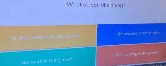 What do you like doing?
He likes working in the garden.
I like working in the garden.
I like work in the garden.
I likes working in the garden.