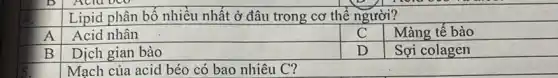 Lipid phân bố nhiều nhất ở đâu trong cơ thể người?
A
Acid nhân
C
Màng tế bào
B
Dịch gian bào
D
Sợi colagen
Mạch của acid béo có bao nhiêu C?