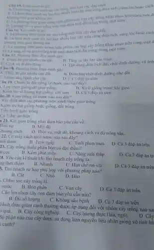 Lukn canh
thức canh tác chi trong mor loai cily duy nhat
hình thin cạnh the hai hay trên cung dien tich cung lúc hoạc cách
Lhoding thoi gian khong dai
phương thike gieo tring lukn phiên các loai cây trong khac nhau trên cùng một di
so ve gieo trong tren mot tiên tich dat trong trong mot nǎm.
Cân 16 Nen canh là gi?
Ala phương thức cạnh tác chi trong mot loai cây duy nhất.
B là hình thức canh tác hai hay nhieu loai cây trên cùng diện tích, cùng lúc hoặc cách
khodng thoi gian khong dai
Cla phương thin gieo trong luân phiên các loai cây trồng khác nhau trên cùng một d
D. Lating so vu gieo trong trèn một diên tích đất trong trong một nǎm.
Cin 17 . Phương thức độc canh gay:
A. Giam độ phi nhiêu của đất B. Tǎng sự lây lan sâu bệnh
C. Cà và B đều dung
D. Tạn dụng diện tích đất chất dinh dưỡng và ánh
Câu 18.Phuong thức luân canh gây:
B. Điều hòa chất dinh dưỡng cho đất
A. Tǎng đó phi nhiều của đất
C. Giảm sáu, bệnh cho cây
D. Cả 3 đáp án trên
âu 19 Chuẩn bị đất tròng có bước nào sau đây?
Lura chon giong để gieo trồng
B. Xử lí giống trước khi gieo
Kiem tra số lượng hạt giống/cây con
D. Cả 3 đáp án trên
ǎu 20.Gieo trồng có bước nào sau đây?
Xác định thời vụ.phương tiện, cách thức gieo trồng
Kiềm tra hạt giống hoặc giống, đất trông
Tiến hành gieo trông
Cả 3 đáp án trên
u 21. Khi gieo trong phải đảm bảo yêu cầu về:
Thời vụ
B. Mật độ
Choảng cách
D. Thời vụ, mật độ , khoảng cách và độ nông sâu.
22. Có mấy cách tưới nước nào sau đây?
ưới thầm
B. Tưới ngập
C. Tưới phun mưa
D. Cả 3 đáp án trên
23. Cây trông thiêu phân bón có đặc điểm?
i cọc
B. Kém phát triển
C. Nǎng suất thấp
D. Cả 3 đáp án trị
4. Yêu cầu kĩ thuật khi thu hoạch cây trống là:
ng thời điểm
B . Nhanh
C. Hạn chế rơi vãi
D. Cả 3 đáp án trên
5. Thu hoạch su hào phù hợp với phương pháp nào?
B. Cắt
C. Nhô
D. Đào
. Chǎm sóc cây trồng là:
nước
B. Bón phân
C. Vun cây
D. Cả 3 đáp án trên
Cần lựa chọn cây con đảm bảo yêu câu nào?
. B. Đủ số lượng
C . Không sâu bệnh
D. Cả 3 đáp án trên
Hình thức giâm cành thường được áp dụng đối với nhóm cây trông nào sa
n quả . B. Cây công nghiệp.
C. Cây lương thực (lúa , ngô).
D. Cây
3ộ phận nào của cây được sử dụng làm nguyên liệu nhân giống vô tính bằ
cành?