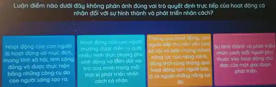 Luận điểm nào dưới đây không phản ánh đúng vai trò quyết định trực tiếp của hoạt động có
nhân đối với sự hình thành và phát triển nhân cách?
Hoạt động của con người
là hoạt động có mục dích,
mang tính xã hội,tính cộng
đồng và được thực hiện
bằng những công cy do
con người sáng tạo ra.
Hoạt dọng của con người
thường được diễn ra dưới
nhiêu hình thức phong phú
sinh động và biến dồi vai
trò của mình trong mỗi
thời kì phát triển nhân
cách cá nhân.
Thông qua hoạt động . con
người tiếp thu nền vǎn hoá
xã hội và biến chúng thành
nǎng lực của riêng mình,
đồng thời cũng thông qua
hoạt động con người bộc
lộ ra ngoài những nǎng lực
đó
Sự hình thành và phát triển
nhân cách mỗi người phụ
thuộc vào hoạt động chủ
đạo của một giai đoạn
phát triển