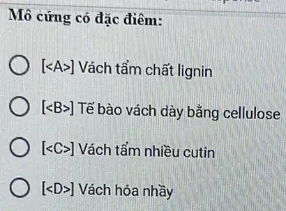 Mô cứng có đặc điêm:
[lt Agt ] Vách tẩm chất lignin
[lt Bgt ] Tế bào vách dày bằng cellulose
[lt Cgt ] Vách tẩm nhiều cutin
[lt Dgt ] Vách hóa nhầy